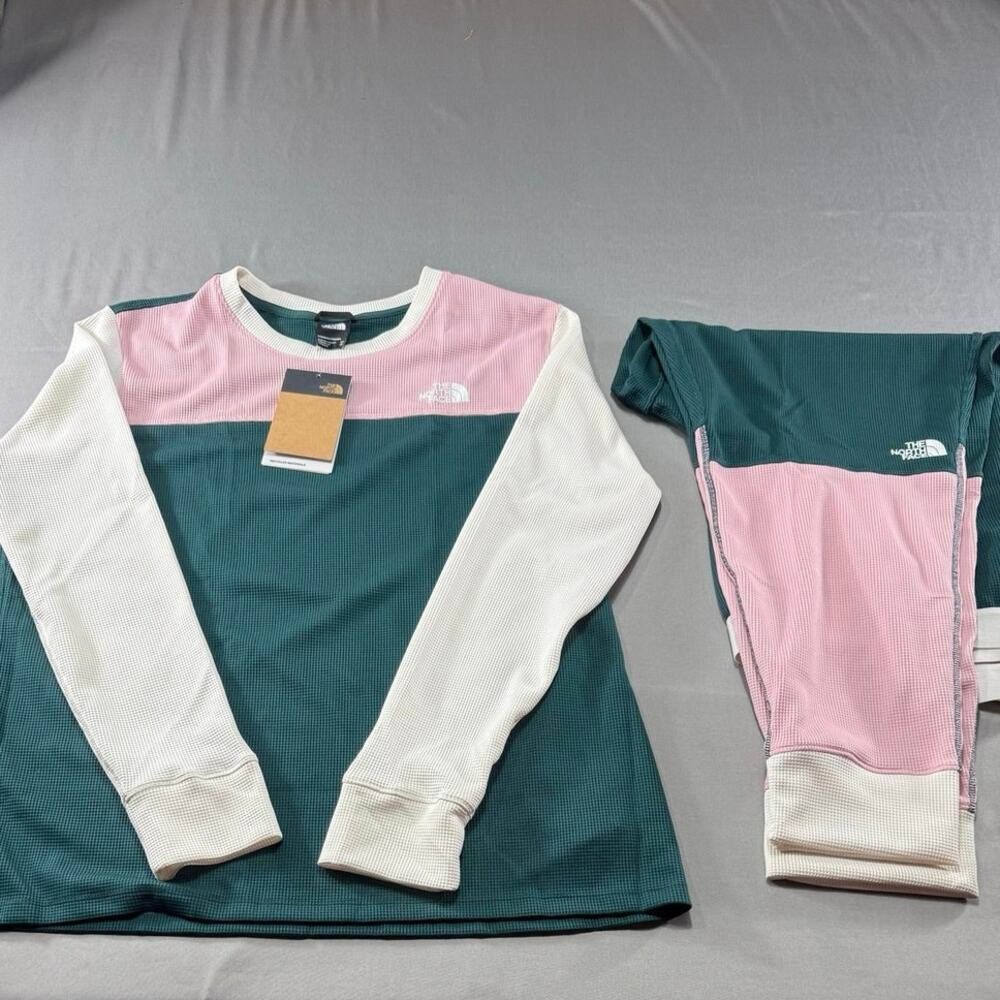 The North Face Waffle Base Layer Set XXL Pink Green Thermal Top Leggings NWT